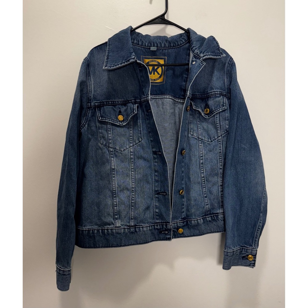 Michael Kors Womens 1X Blue Denim Trucker Jacket Gold Buttons Medium Wash Coat